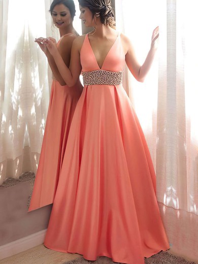 Princess V-neck Floor-length Satin Beading Prom Dresses #PDS020105777