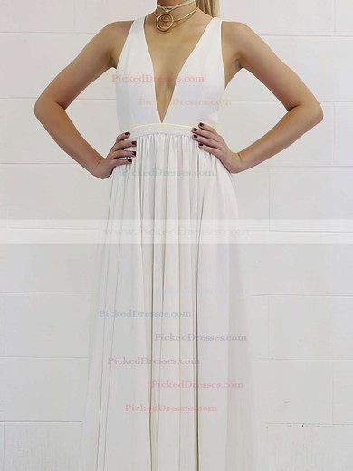 A-line V-neck Floor-length Ruffles Prom Dresses #PDS020105778