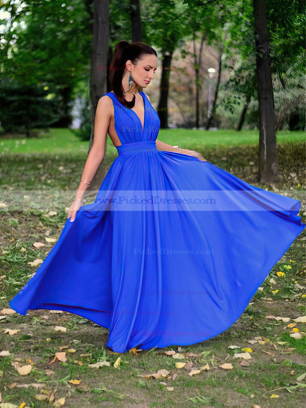 A-line V-neck Floor-length Chiffon Ruffles Prom Dresses #PDS020105782