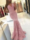 Trumpet/Mermaid V-neck Sweep Train Lace Prom Dresses #PDS020105788