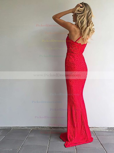 Sheath/Column Halter Sweep Train Lace Prom Dresses #PDS020105793
