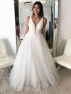 A-line V-neck Floor-length Tulle Beading Prom Dresses #PDS020105936