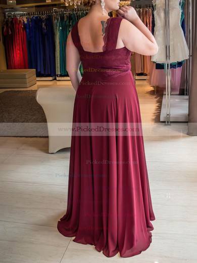 A-line V-neck Floor-length Chiffon Lace Prom Dresses #PDS020105975