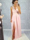 A-line V-neck Floor-length Lace Split Front Prom Dresses #PDS020106037
