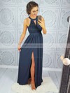 A-line Scoop Neck Floor-length Lace Chiffon Split Front Prom Dresses #PDS020106044