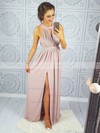A-line Scoop Neck Floor-length Lace Chiffon Split Front Prom Dresses #PDS020106044