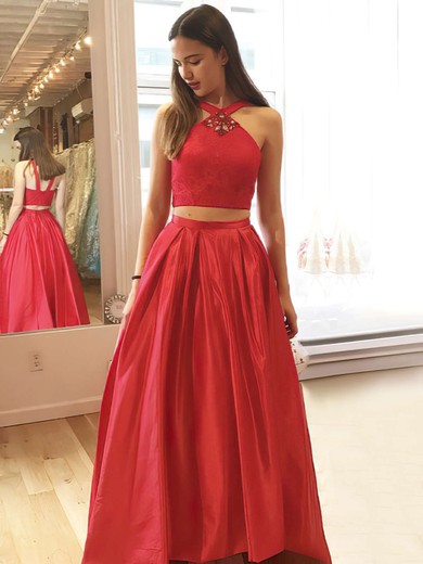 Princess V-neck Floor-length Satin Lace Prom Dresses #PDS020106048