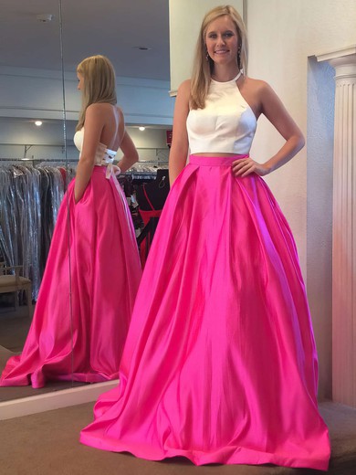 Ball Gown Halter Sweep Train Satin Pockets Prom Dresses #PDS020106051
