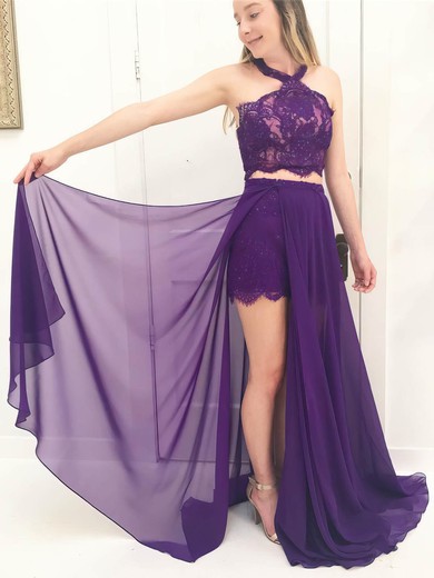 A-line Halter Floor-length Chiffon Lace Prom Dresses #PDS020106066
