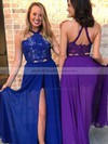 A-line Halter Floor-length Chiffon Lace Prom Dresses #PDS020106066