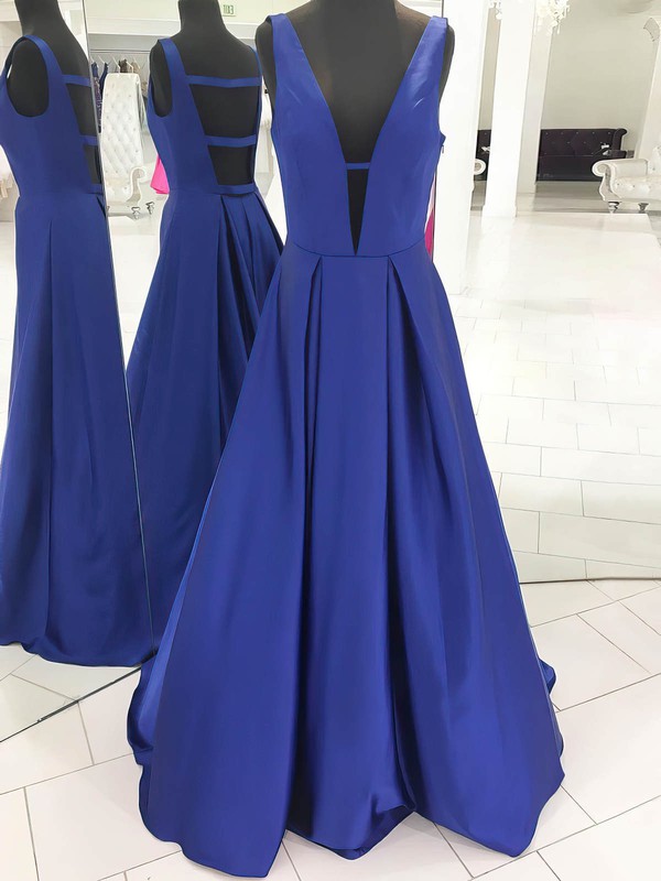 A-line V-neck Floor-length Satin Ruffles Prom Dresses #PDS020106067