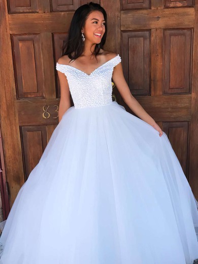 Ball Gown Off-the-shoulder Floor-length Tulle Beading Prom Dresses #PDS020106082
