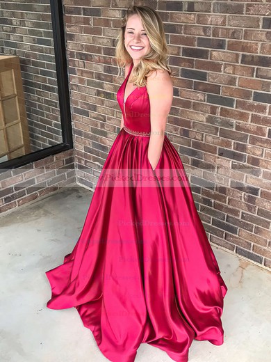 Ball Gown V-neck Floor-length Satin Beading Prom Dresses #PDS020106085