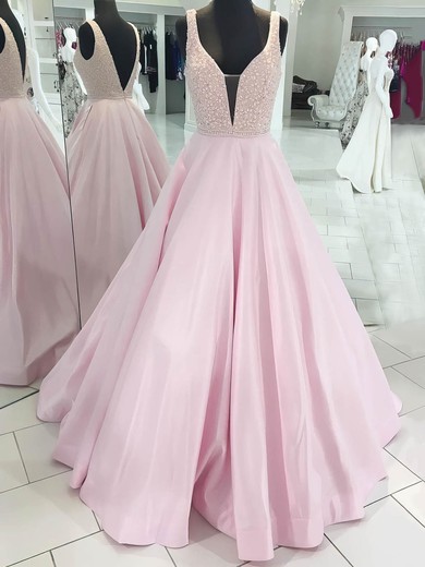 Ball Gown V-neck Floor-length Satin Beading Prom Dresses #PDS020106096
