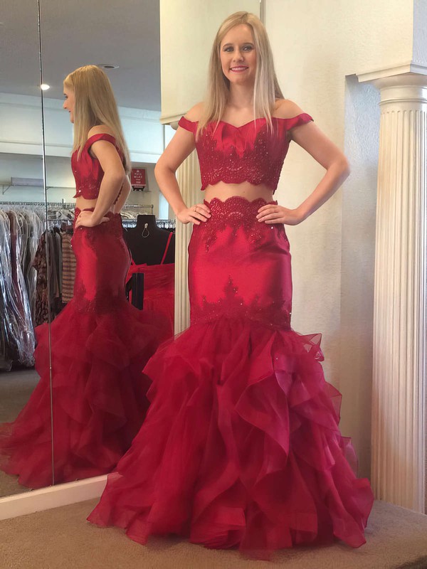 Trumpet/Mermaid Off-the-shoulder Floor-length Satin Tulle Appliques Lace Prom Dresses #PDS020106097