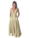 A-line V-neck Floor-length Satin Pockets Prom Dresses #PDS020106098