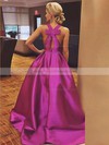A-line V-neck Floor-length Bow Satin Prom Dresses #PDS020106112