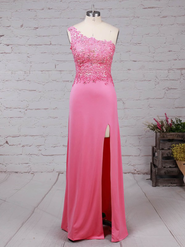 Sheath/Column One Shoulder Floor-length Tulle Jersey Beading Prom Dresses #PDS020105041