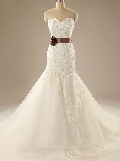 Sweetheart Ivory Tulle Beading Sashes/Ribbons Court Train Wedding Dresses #PDS00020525