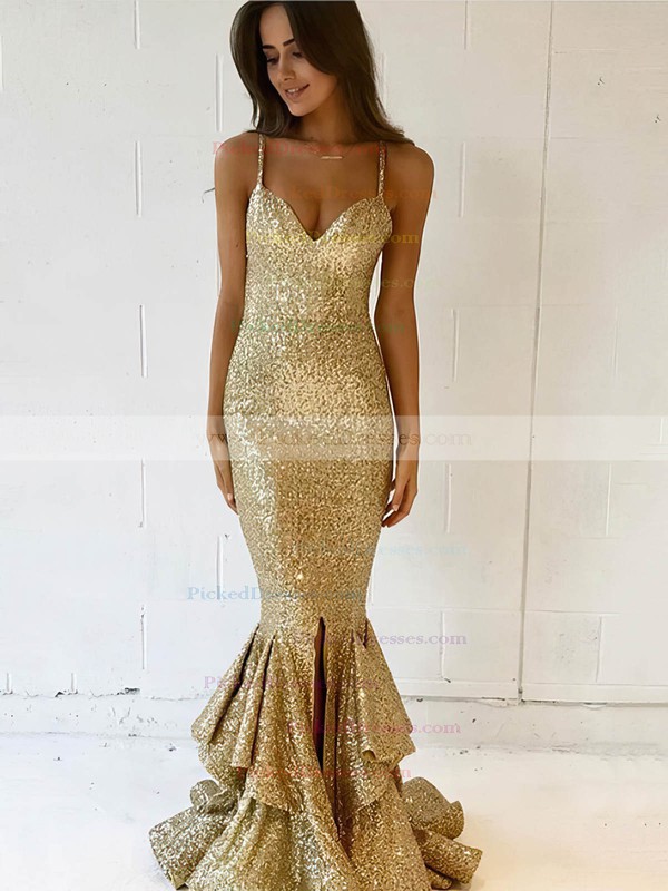 Trumpet/Mermaid V-neck Floor-length Sequined Split Front Prom Dresses #PDS020106165
