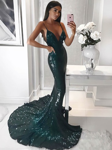 Trumpet/Mermaid V-neck Sweep Train Sequined Prom Dresses #PDS020106206