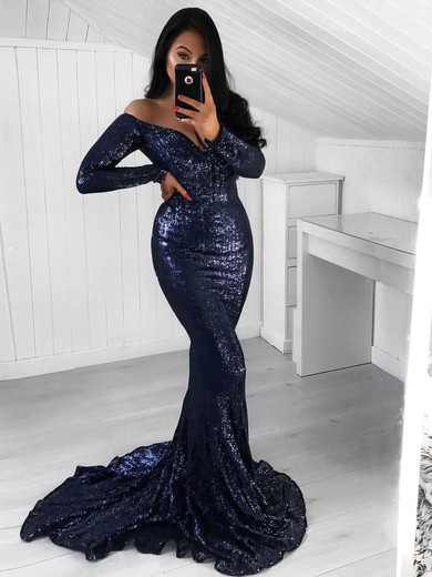Trumpet/Mermaid Off-the-shoulder Sweep Train Sequined Sequins Prom Dresses #PDS020106215