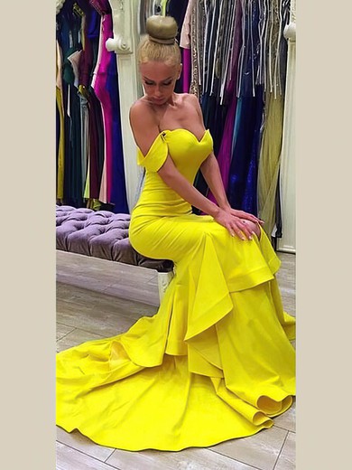 Trumpet/Mermaid Off-the-shoulder Sweep Train Jersey Cascading Ruffles Prom Dresses #PDS020106242