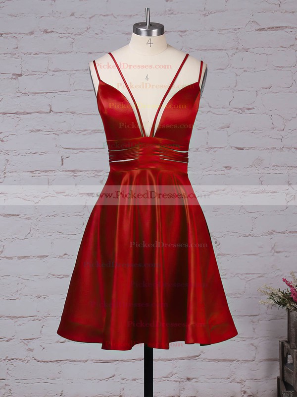 A-line V-neck Short/Mini Satin Pockets Prom Dresses #PDS020106288