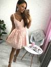 A-line V-neck Lace Short/Mini Lace Short Prom Dresses #PDS020106289