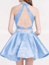 Princess High Neck Lace Satin Short/Mini Tiered Short Prom Dresses #PDS020106295