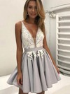 A-line V-neck Satin Short/Mini Lace Short Prom Dresses #PDS020106298