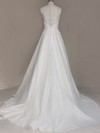 Elegant White Satin Tulle Scoop Neck Appliques Lace Sweep Train Wedding Dress #PDS00020535