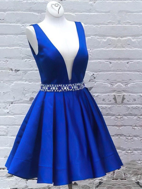 A-line V-neck Satin Short/Mini Beading Short Prom Dresses #PDS020106323