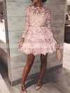 A-line Scoop Neck Lace Short/Mini Sashes / Ribbons Short Prom Dresses #PDS020106331