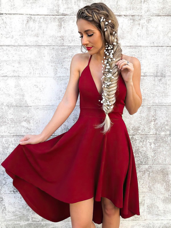 A-line V-neck Stretch Crepe Asymmetrical Short Prom Dresses #PDS020106388