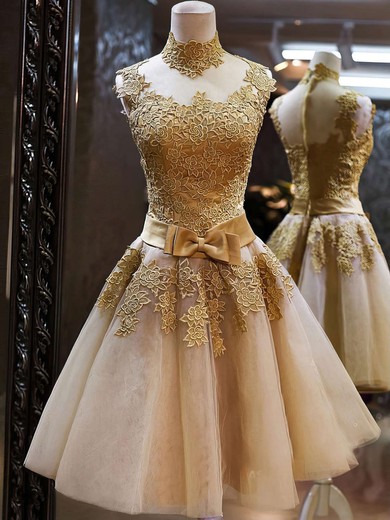 Knee-length Multi Colours Tulle Appliques Lace High Neck Online Prom Dresses #PDS020101414