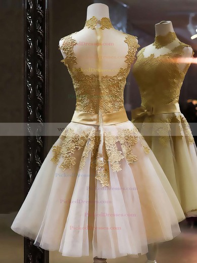 Knee-length Multi Colours Tulle Appliques Lace High Neck Online Prom Dresses #PDS020101414