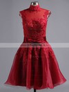 High Neck Tulle Appliques Lace Inexpensive Knee-length Short Prom Dresses #PDS020101414