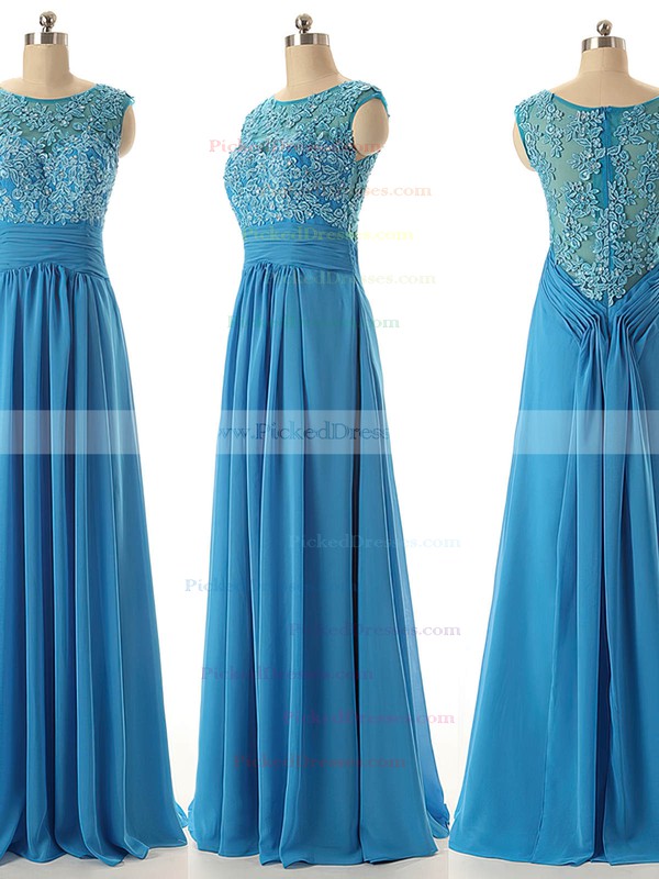 Discounted A-line Scoop Neck Chiffon Tulle Appliques Lace Light Sky Blue Prom Dresses #PDS020101630