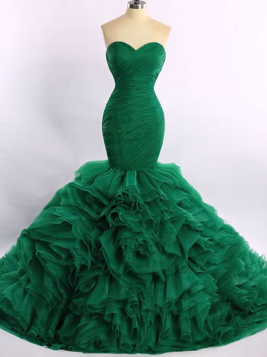 Trumpet/Mermaid Green Organza Court Train Cascading Ruffles Expensive Prom Dress #PDS020101683