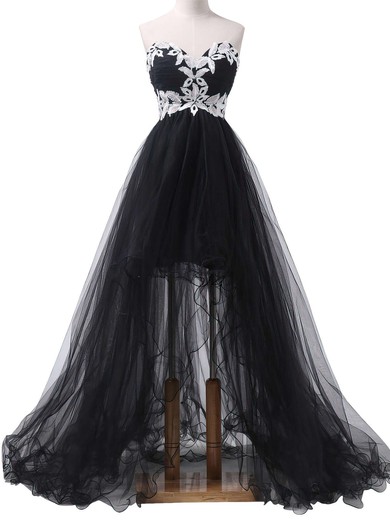 Asymmetrical Sweetheart Tulle Appliques Lace Different Black Prom Dress #PDS020101693
