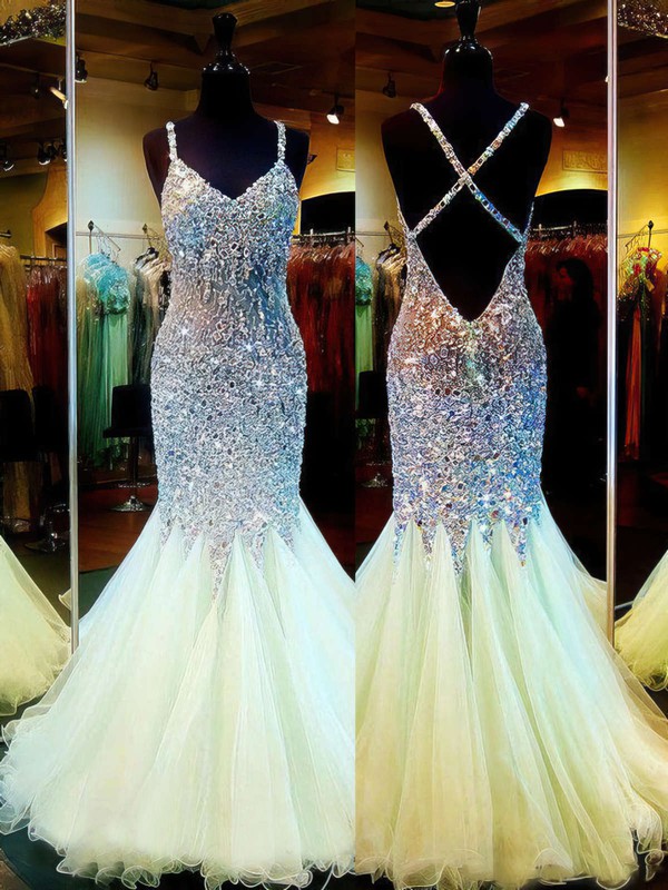 Exclusive V-neck Backless Tulle Crystal Detailing Trumpet/Mermaid Prom Dresses #PDS020101840