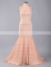 Popular High Neck Open Back Tulle Pearl Detailing Trumpet/Mermaid Prom Dresses #PDS020101846