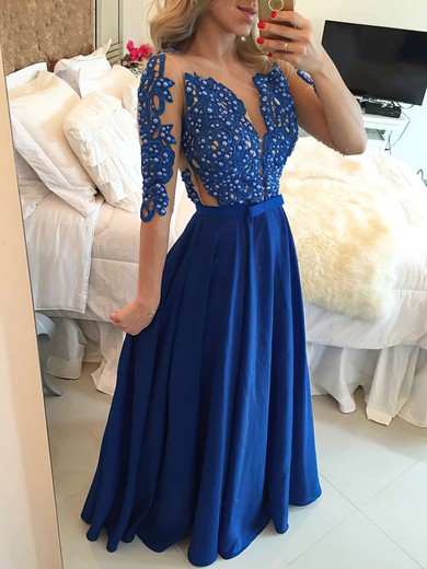 Royal Blue A-line Scoop Neck Chiffon Tulle Pearl Detailing 1/2 Sleeve Prom Dress #PDS020101864
