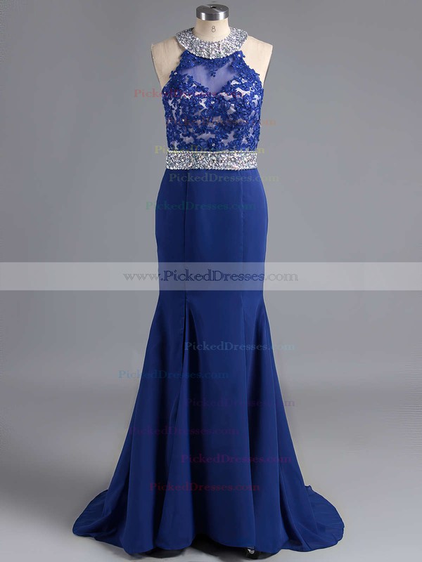 Sweep Train Chiffon Split Front Exclusive Open Back Trumpet/Mermaid Prom Dresses #PDS020102056