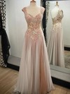 V-neck Floor-length Tulle with Appliques Lace Pretty Prom Dresses #PDS020102138