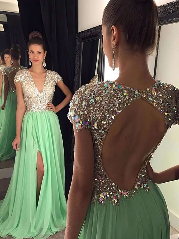 V-neck Good Chiffon Tulle Crystal Detailing Sweep Train Open Back Prom Dresses #PDS020102202