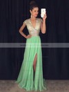 V-neck Good Chiffon Tulle Crystal Detailing Sweep Train Open Back Prom Dresses #PDS020102202