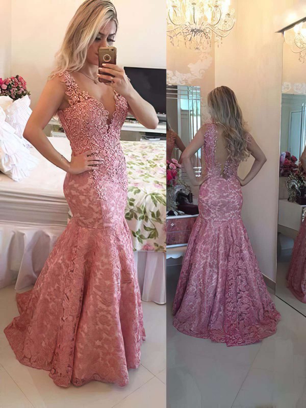 Gorgeous V-neck Lace Tulle with Beading Trumpet/Mermaid Prom Dress #PDS020102205