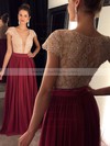 V-neck Floor-length Lace Chiffon Crystal Detailing Newest Short Sleeve Prom Dress #PDS020102209